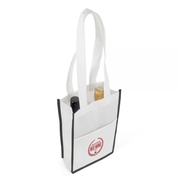 100gsm non woven PP bottle bag with inside dividers to hold two bottles and a front pocket.