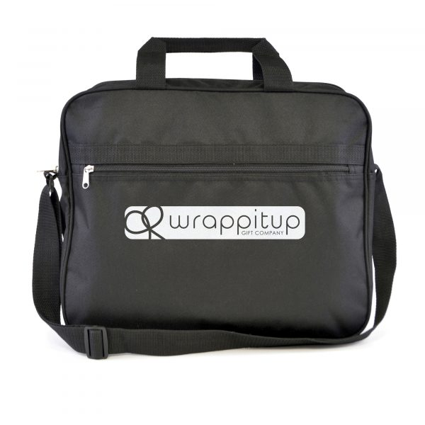 600D polyester document bag with zipped main compartment and zipped front pocket. Features include carry handle and adjustable shoulder strap. Available in black with blue front or all black.