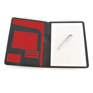 A4 PU folder with edge trim. Includes document holder, business card holder, elasticated pen loop and 25 sheet notepad.
