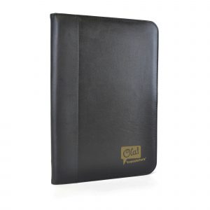 Oversized A4 zipped PU folder with edge trim. Includes tablet holder, document holder, business card holder, elasticated pen loop, elasticated flash drive holder and 25 sheet notepad.