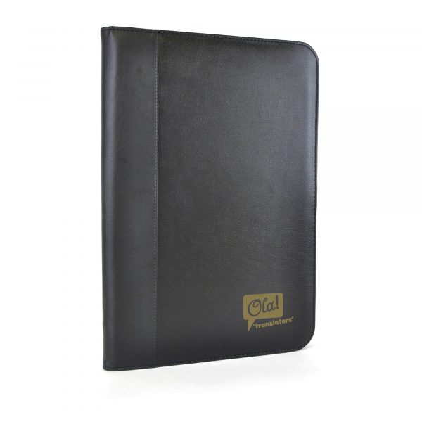 Oversized A4 zipped PU folder with edge trim. Includes tablet holder, document holder, business card holder, elasticated pen loop, elasticated flash drive holder and 25 sheet notepad.