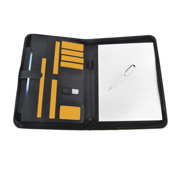 Oversized A4 zipped PU folder with edge trim. Includes tablet holder, document holder, business card holder, elasticated pen loop, elasticated flash drive holder and 25 sheet notepad.