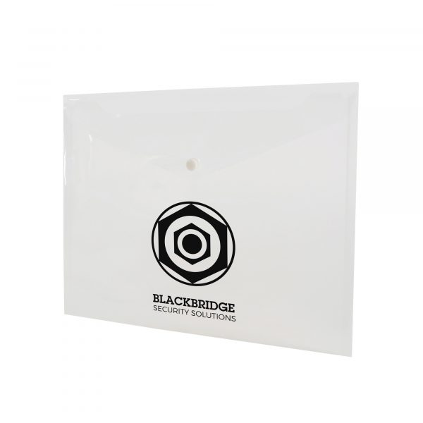 Translucent coloured PP plastic document folder with white press stud closure on the flap. Available in 4 colours.