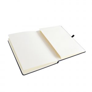 A5 black PU soft finish notebook with 80 plain sheets, coloured elastic closure, pen loop and bookmark. Back pocket to store loose notes. Available in black.