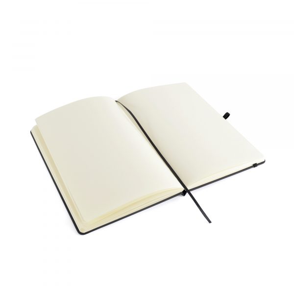 A5 black PU soft finish notebook with 80 plain sheets, coloured elastic closure, pen loop and bookmark. Back pocket to store loose notes. Available in black.