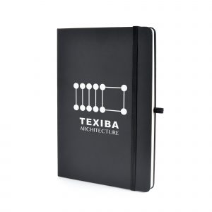 A5 black PU soft finish notebook with 80 graph sheets, coloured elastic closure, pen loop and bookmark. Back pocket to store loose notes. Available in black.