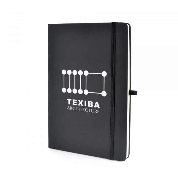 A5 black PU soft finish notebook with 80 graph sheets, coloured elastic closure, pen loop and bookmark. Back pocket to store loose notes. Available in black.
