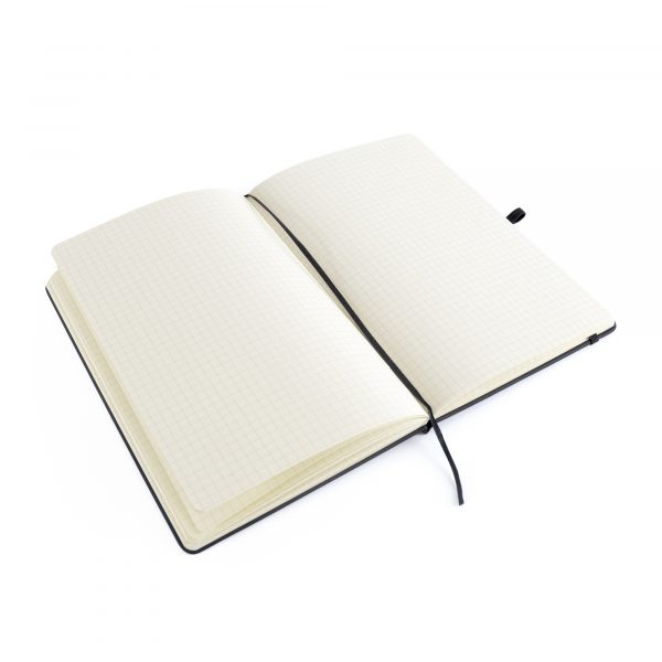 A5 black PU soft finish notebook with 80 graph sheets, coloured elastic closure, pen loop and bookmark. Back pocket to store loose notes. Available in black.