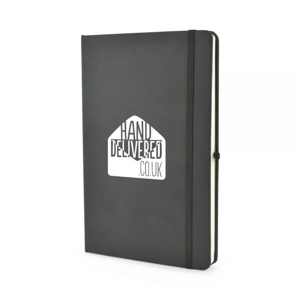 A5 PU soft finish diary with 80 lined sheets, 2 days per page from January to December with no year included, bookmark, back card pocket, pen loop and elastic closure. Available in black.