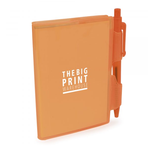A7 PVC notepad with 80 sheets of lined white paper and a push action pen (black ink). Available in 4 colours.