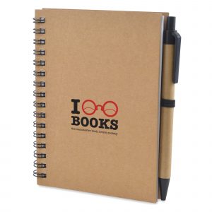 A6 recycled wiro bound notebook with 60 lined sheets and pen. Black ink.