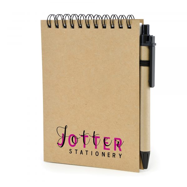 A6 Recycled wiro bound flip over jotter with 60 lined sheets and pen. Black ink.