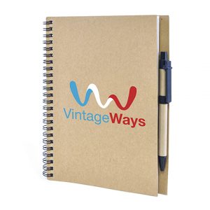 A5 Recycled wiro bound notepad with pen. Available in 8 colours