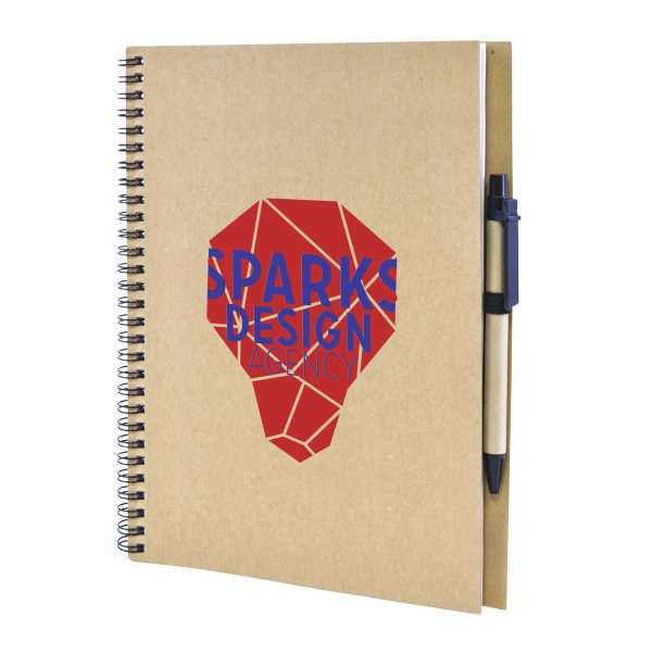 A4 Recycled wiro bound notepad with 60 lined sheets and pen.