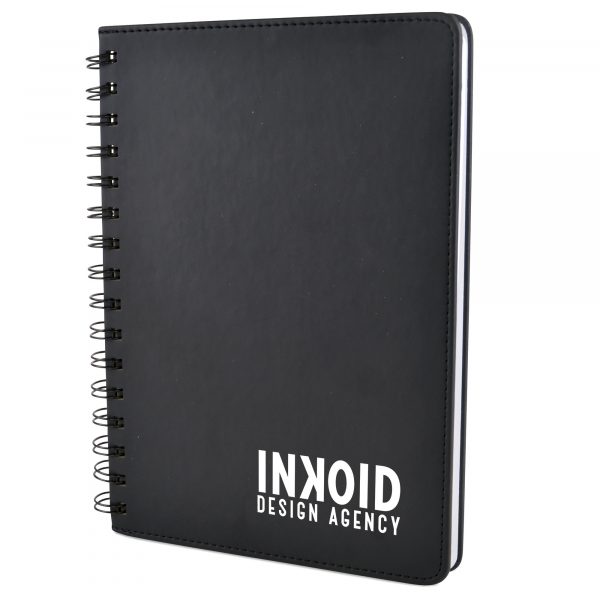 A5 spiral bound notebook with PU soft finish and 80 white lined sheets.