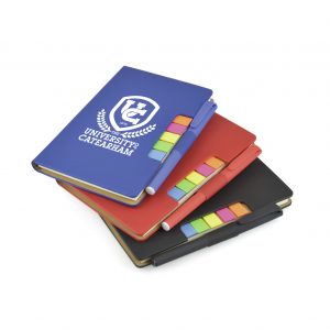 Oversized A6 PU soft finish 70 sheet lined notebook with coloured flags and pen included. Includes 5 coloured flags and coloured pen loop with black ink rollerball pen. Available in black, blue and red.