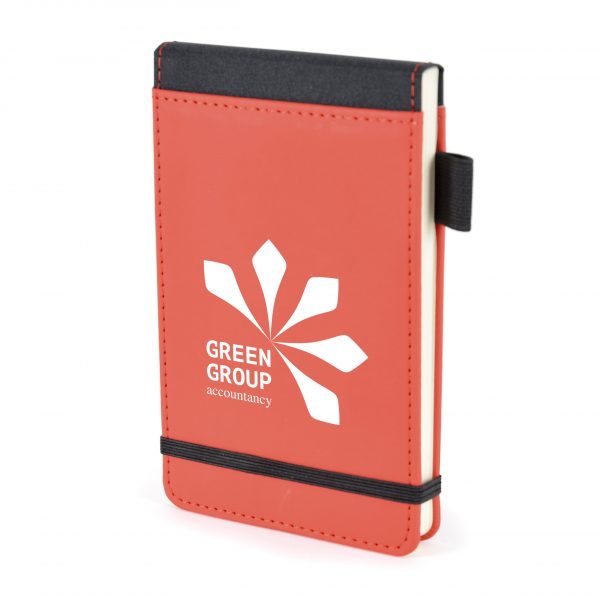 PU soft finish jotter with lined pages, black trim, pen loop and elastic closure