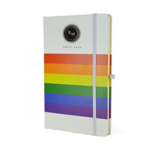 An A5 PU notebook with vibrant rainbow design! Includes 80 lined pages, pen loop and elastic closure. Available in white only.