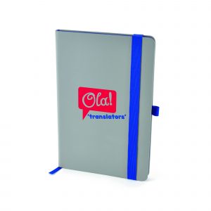 Grey PU soft finish notebook containing 96 sheets of cream lined paper with coloured edge trim, bookmark, pen loop and elastic closure. Available in 3 colours.
