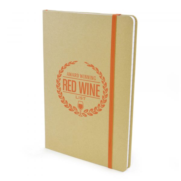 A5 natural notebook with 90 lined sheets, coloured bookmark and coloured elastic closure. Available in 6 colours.