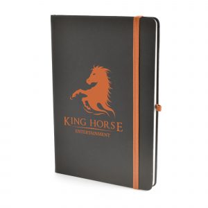 A5 black PU soft finish notebook with 80 sheets, coloured elastic closure, pen loop and bookmark. Back pocket to store loose notes. Available in 10 colours.