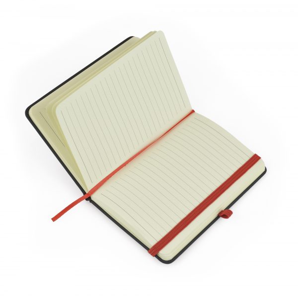 A6 black PU soft finish 80 sheet lined notebook with coloured bookmark, back pocket for securing loose notes, coloured elastic pen loop with coloured elastic closure. Available in 10 colours.