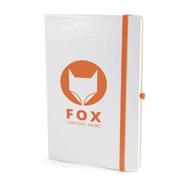 A5 White PU soft finish notebook with 80 sheets, coloured elastic closure, pen loop and bookmark. Back pocket to store loose notes. Available in 11 colours.