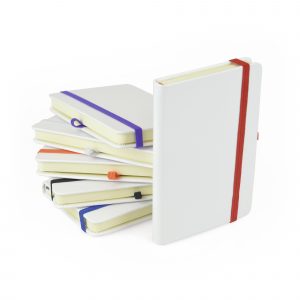 A6 white PU soft finish 80 sheet lined notebook with coloured bookmark, back pocket for securing loose notes, coloured elastic pen loop and coloured elastic closure. Available in 6 colours.