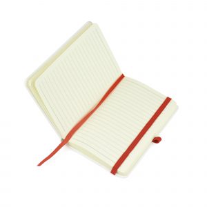 A6 white PU soft finish 80 sheet lined notebook with coloured bookmark, back pocket for securing loose notes, coloured elastic pen loop and coloured elastic closure. Available in 6 colours.