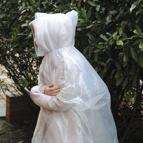 Poncho in a plastic ball with a snap hook attachment. Available in 6 colours.