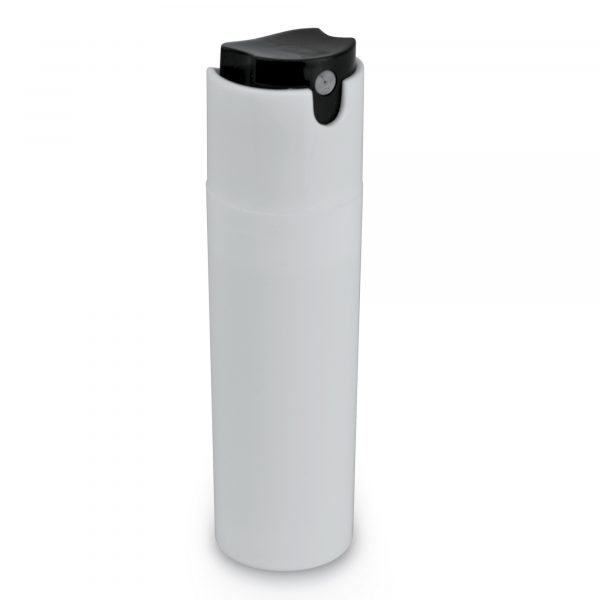 30ml pocket-sized plastic cylindrical hand sanitiser spray with push button action, ideal for the healthcare industry. Available in white with black button