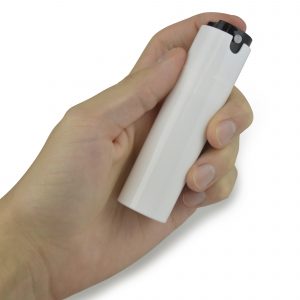 30ml pocket-sized plastic cylindrical hand sanitiser spray with push button action, ideal for the healthcare industry. Available in white with black button