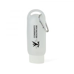 60ml hand sanitiser gel in clear plastic casing with a white flip top lid and silver carabiner to clip to your clothing, bags, belts etc. Contains 62% alcohol. Available in translucent with white lid.