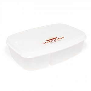 Lunch box and cutlery set. The main section of the lunch box is divided into two. The lid conceals a plastic knife and fork.