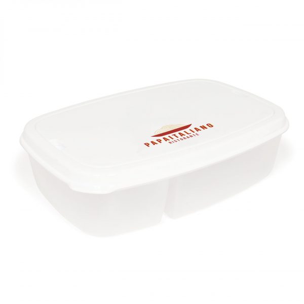 Lunch box and cutlery set. The main section of the lunch box is divided into two. The lid conceals a plastic knife and fork.