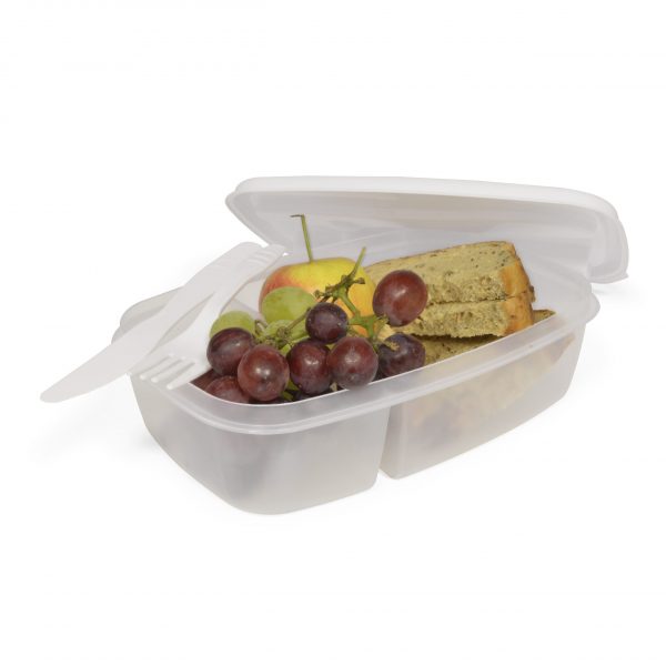 Lunch box and cutlery set. The main section of the lunch box is divided into two. The lid conceals a plastic knife and fork.