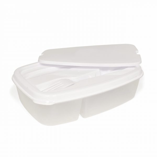 Lunch box and cutlery set. The main section of the lunch box is divided into two. The lid conceals a plastic knife and fork.