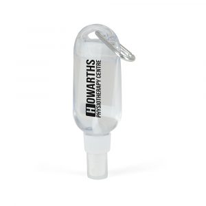 50ml large hand sanitiser gel in clear plastic casing with a white spray top lid and silver carabiner to hang from keys chains, lanyards etc. Contains 62% alcohol. Available in translucent with white lid.