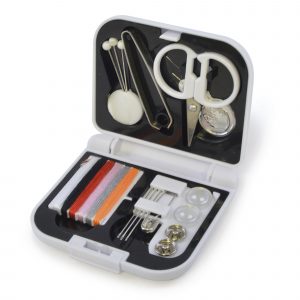 Compact sewing kit containing 6 sets of coloured threads, 2 buttons, safety pin, 2 poppers, 3 sewing needles, 3 pins, tweezers, scissors and a needle threader.