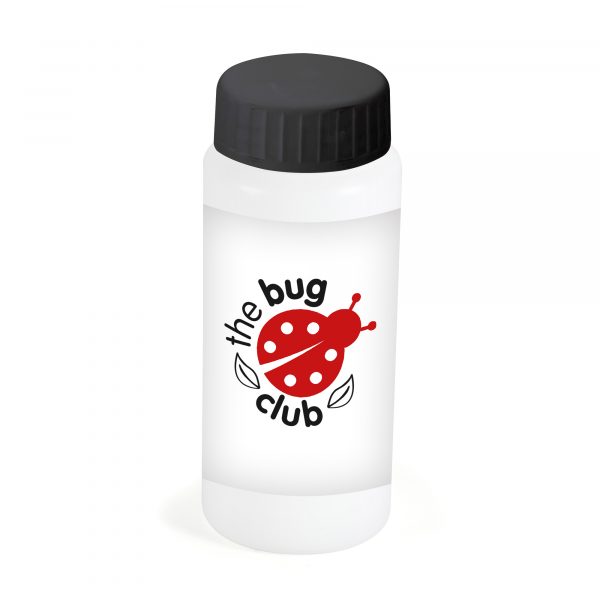 60ml white soap bubble bottle with 3-in-1 bubble wand. Available in white with black lid.