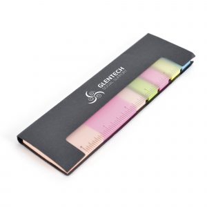 Card desk set containing pastel pink and bright pink sticky notes, 5 colours of flags and a transparent 11 cm ruler.