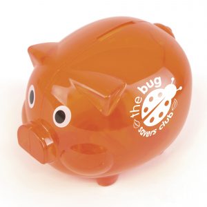 Plastic piggy bank. Available in 10 translucent colours and a solid white.