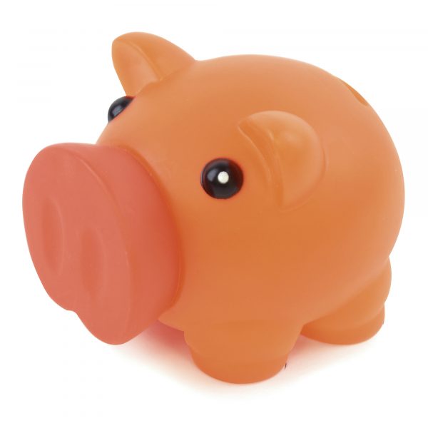 Rubber nosed piggy bank with soft feel body. Available in various colours.