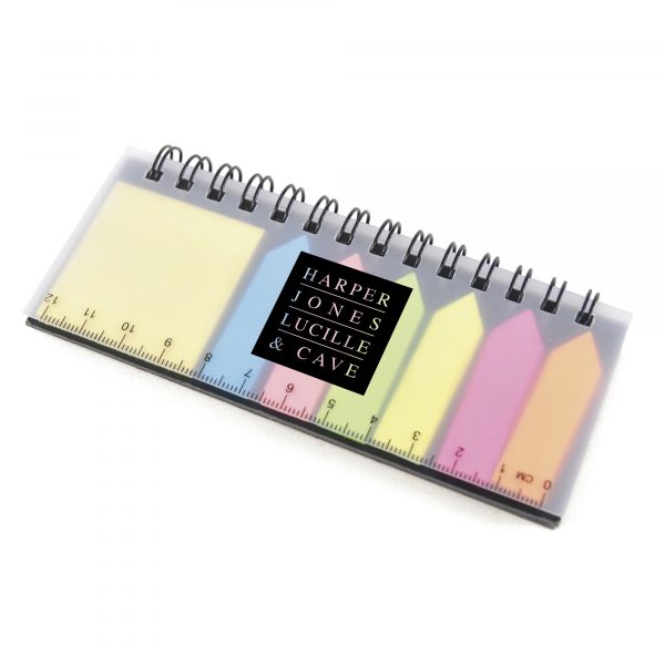 Spiral bound notepad with flags, sticky notes and ruler. A great little portable notebook combination.