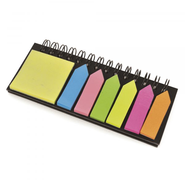 Spiral bound notepad with flags, sticky notes and ruler. A great little portable notebook combination.