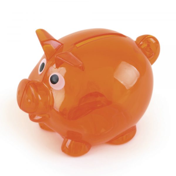 Mini plastic piglet bank with pointy ears and a curly tail. Empty using the twist base cap. Available in 8 colours