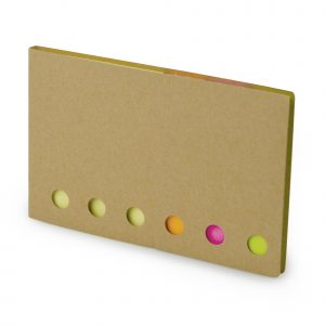 Recycled paper flip open sticky note set with large square yellow sticky notes and three sets of coloured flags in amber, pink and green.