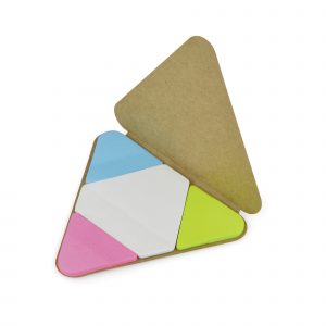 Sticky note set with green, pink, blue and white sticky notes with triangular shaped card cover. Available in natural and black