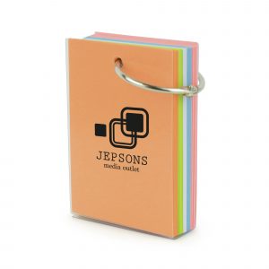 150 sheet memo pad block bound with a metal ring attachment and secured together in a plastic casing. Available in translucent.