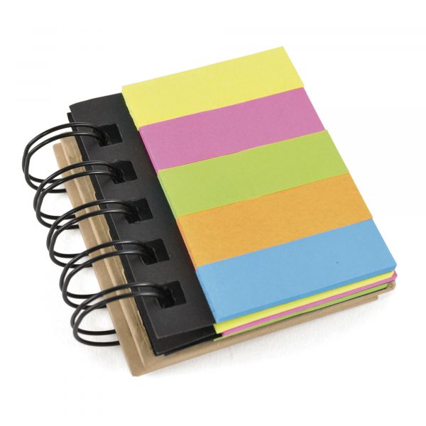 Spiral bound eco flag and sticky notepad. 5 flag colours and 3 sticky note colours, bound in a recycled paper cover.